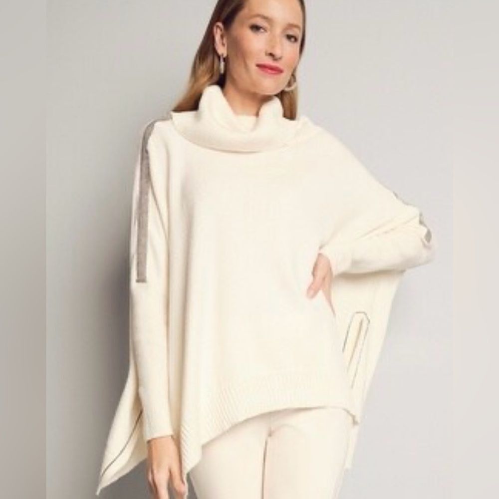 Chico’s Ball Chain Knit Long Sleeve Poncho Size XL Cowl Neck Color Beige